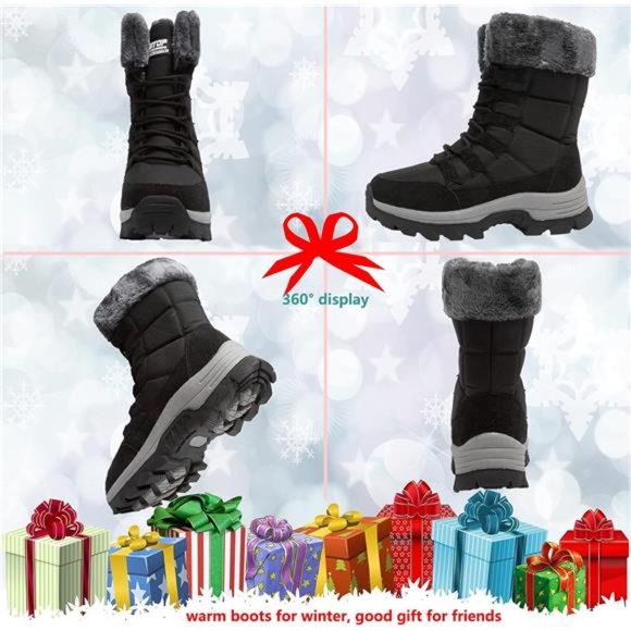 Women's Snow Boots Fur Lined Lace up Mid Calf Anti-Slip Winter Boots, Black/Gray - Picture 6 of 7